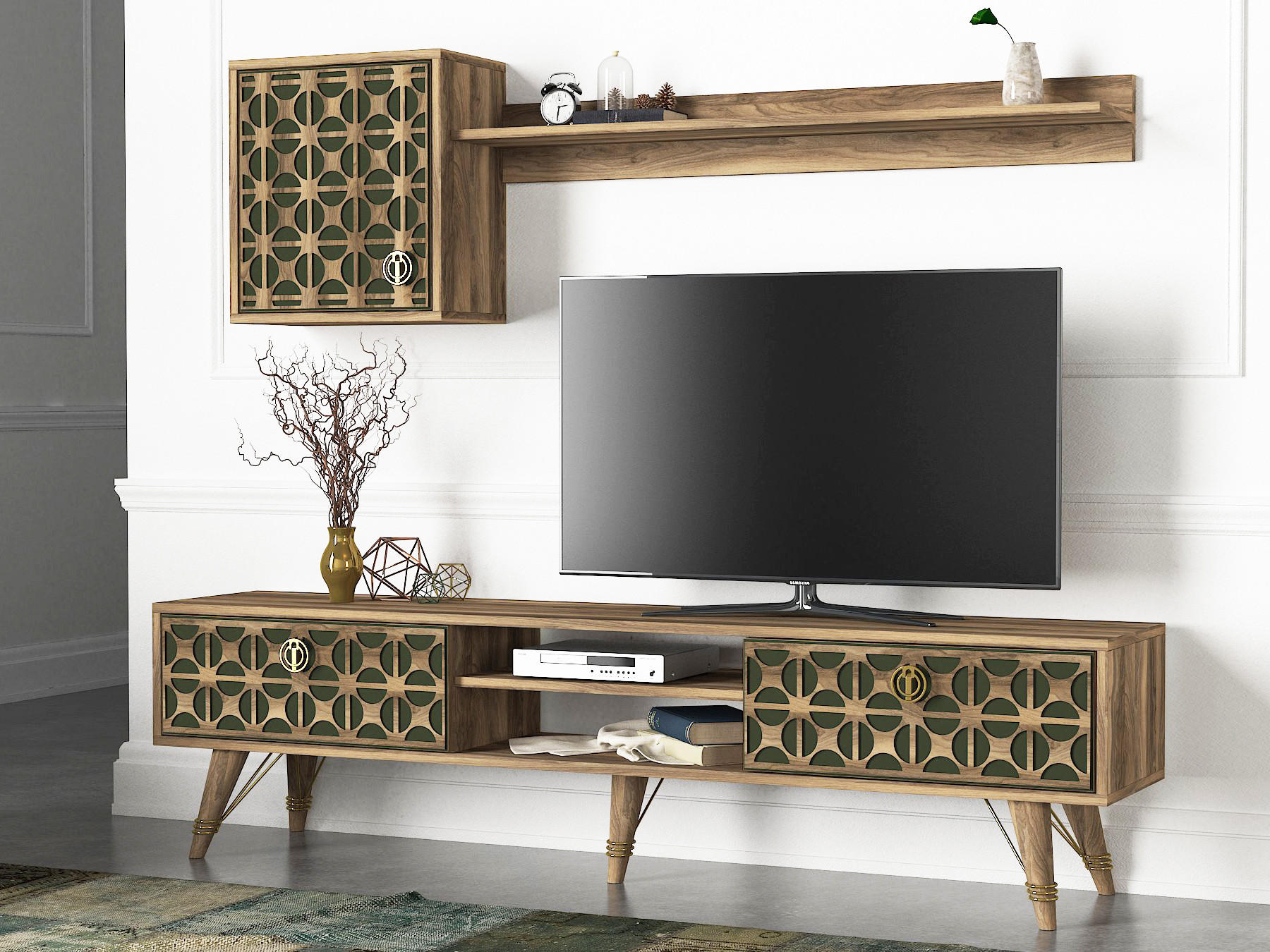 Thumbnail - moebel17 Tv-Lowboard, Walnuss, Dunkelgrün, Holzwerkstoff, Holz Optik, 1 Fächer, Rechteckig, 180x46.2x29.5 cm, Wohnzimmer...