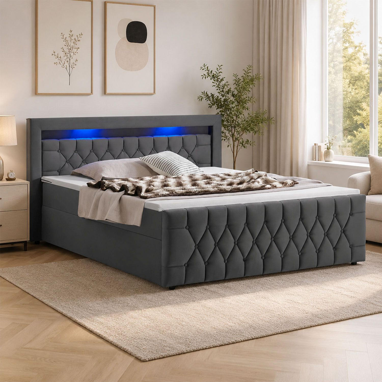 BOXBETT Leona Grau Samt 180x200 cm - Grau, Textil (180/200cm) - Juskys