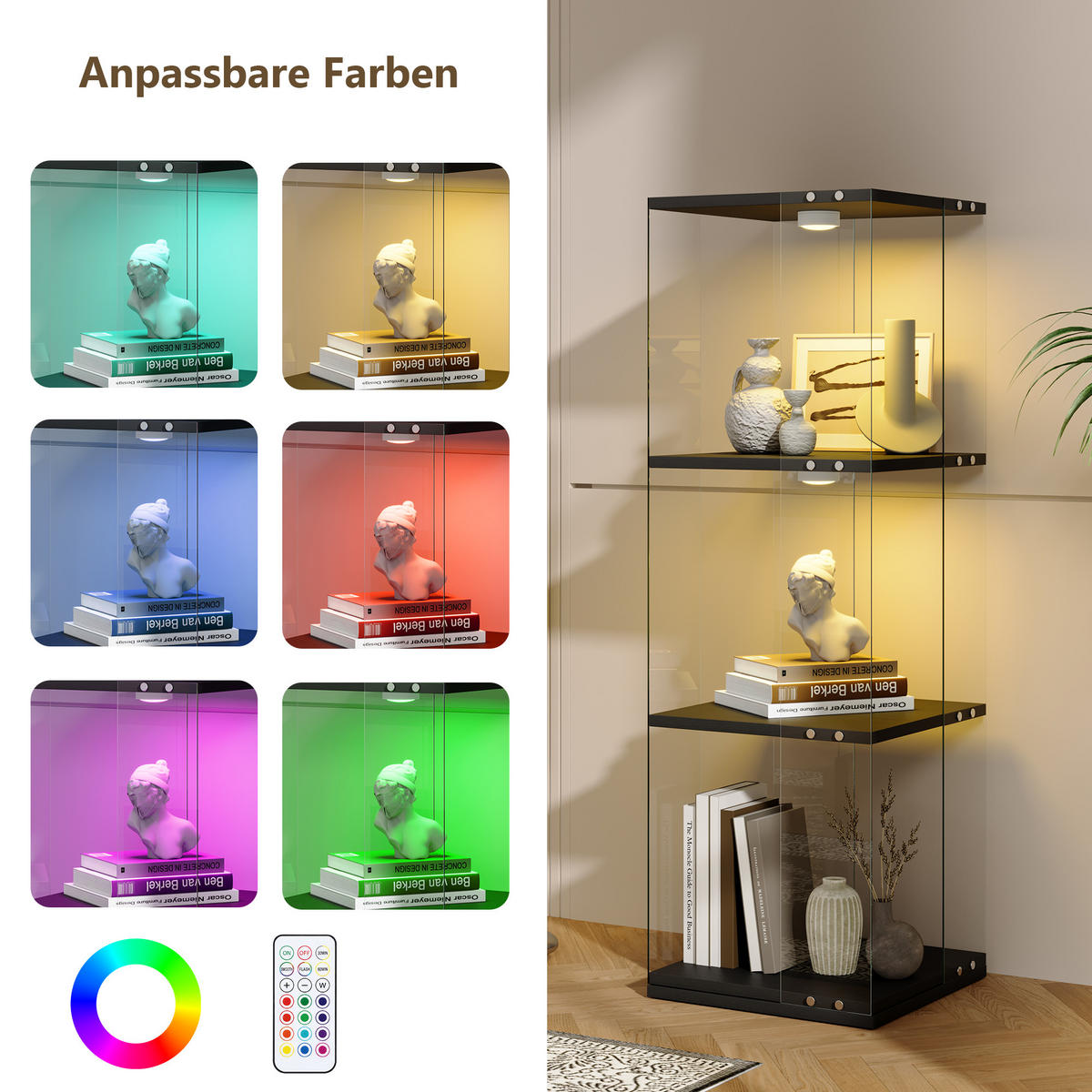 DREHVITRINE 360° mit RGB LED, 3 Ebenen, Glasvitrine schwarz für Deko - Schwarz, Glas (38/121/38cm) - SHOPENTRA
