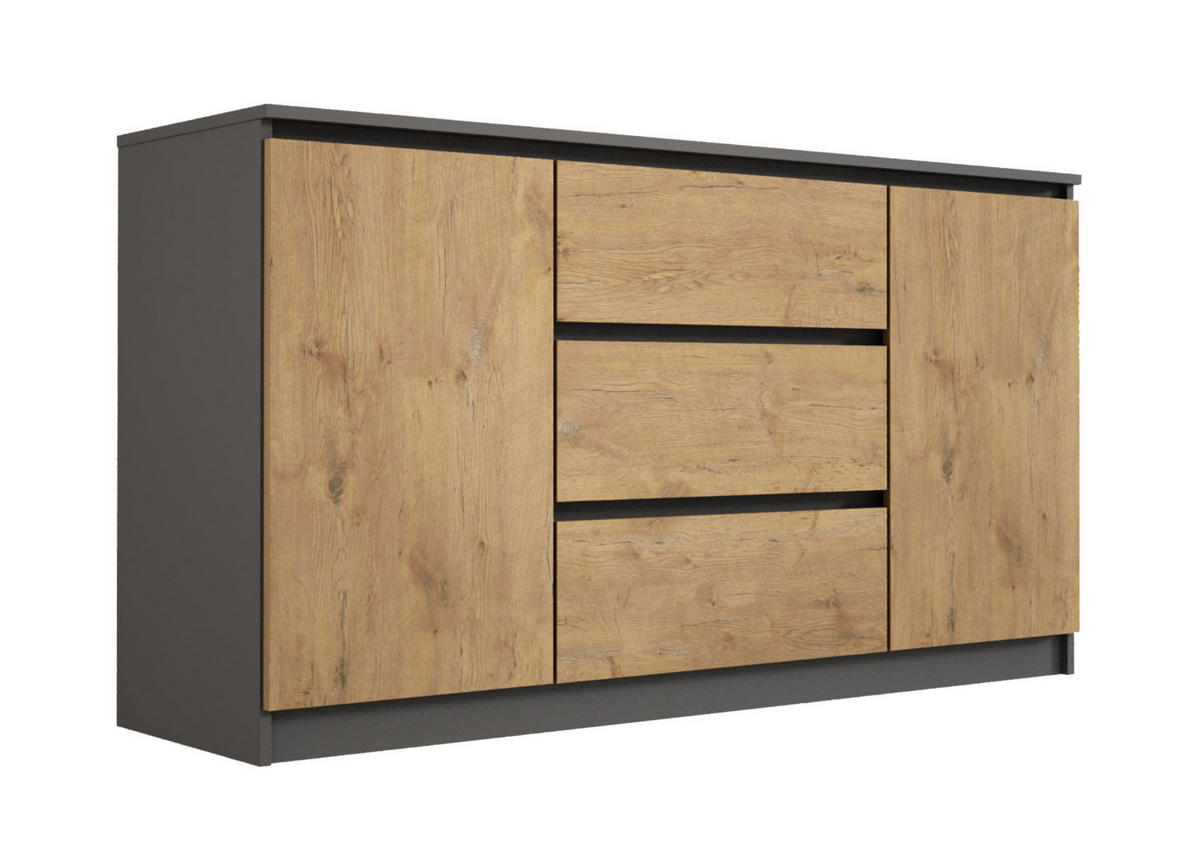 KOMMODE : 3 Schubladen und 2 Türen, Farbe: Anthrazit / Lancelot-Eiche, 140 x 79 x 39 cm - Eichefarben/Grau, Holzwerkstoff (138/78/39cm) - 3XE LIVING
