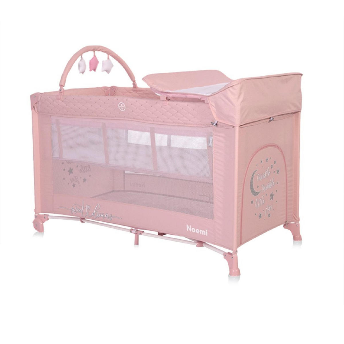 REISEBETT Noemi 2 Ebenen pink Wickelauflage, Spielbogen, Tragetasche, Räder - Pink, Kunststoff (69/127cm) - Lorelli