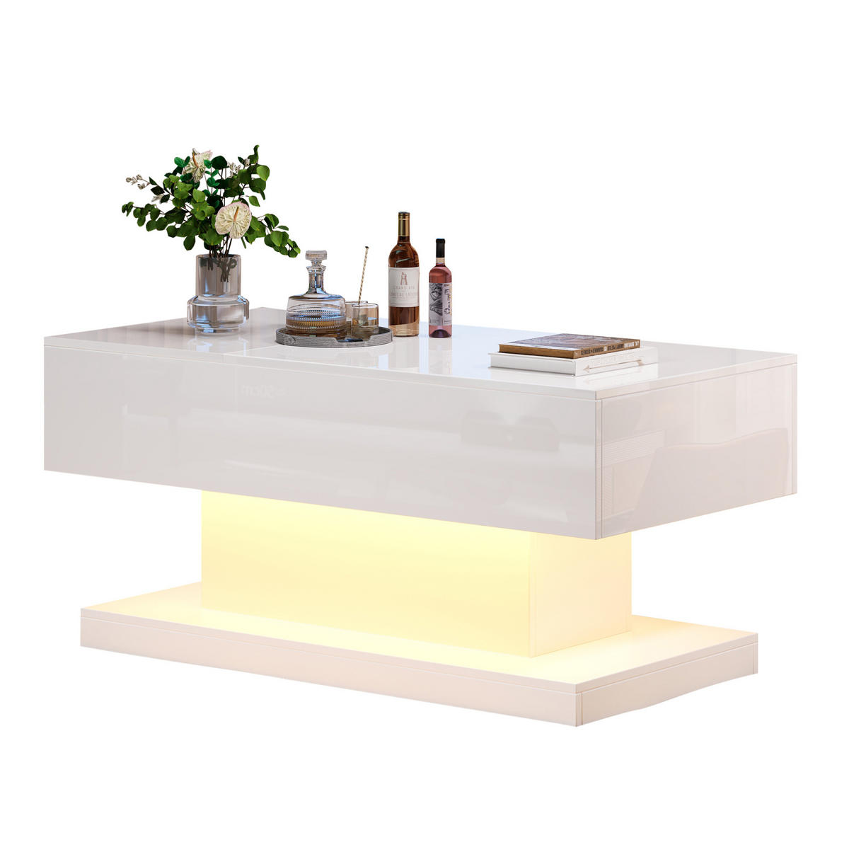 COUCHTISCH 100/50/45 cm in Weiß mit Hochglanz, LED-Beleuchtung und Stauraum - Weiß, Holzwerkstoff (100/50/45cm) - Flora Grace