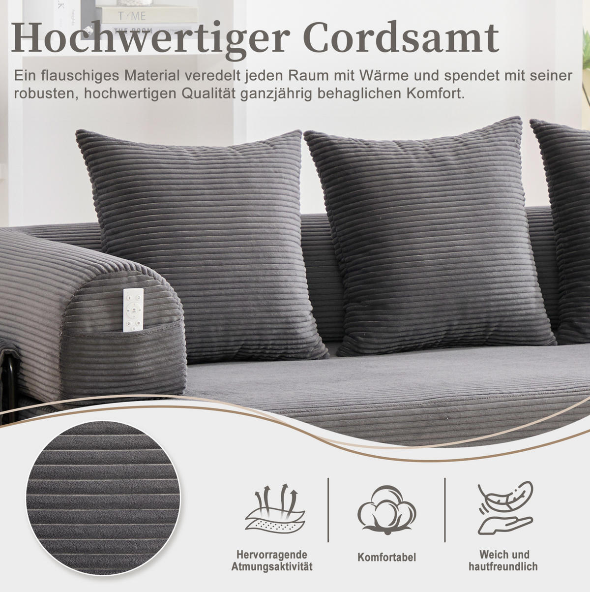 SOFA 200/94/67 cm aus Cord mit Metallgestell und 3 Kissen Dunkelgrau - Dunkelgrau, Textil (94/67/200cm) - Modenvie