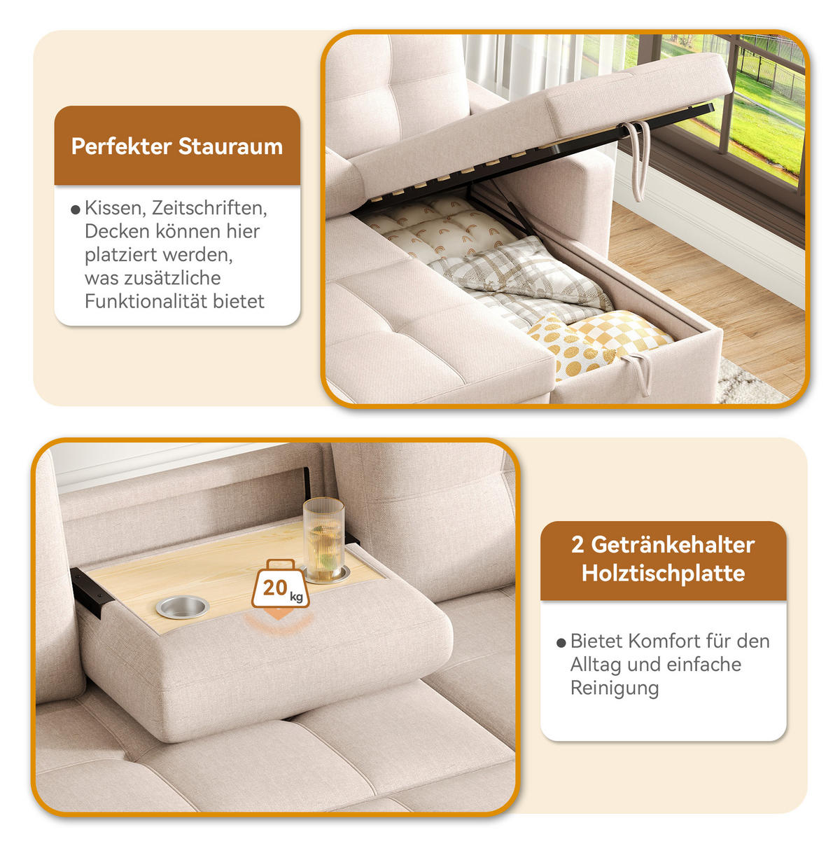 SCHLAFSOFA 211/136 cm in Beige – mit Bettkasten und Chaiselongue - Beige, Textil (136/87/211cm) - BEAOK