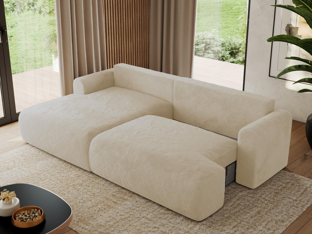 ECKSCHLAFSOFA TONO L Creme Plüsch - links - Creme/Schwarz, Kunststoff/Textil (260/150cm) - MKS