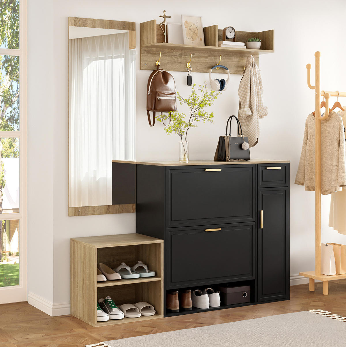 GARDEROBENSET 139,5/35/166 cm aus Spanplatte mit 4-teiligem Stauraumkonzept Schwarz/Natur - Naturfarben, Holzwerkstoff (130/174/30cm) - Modenvie