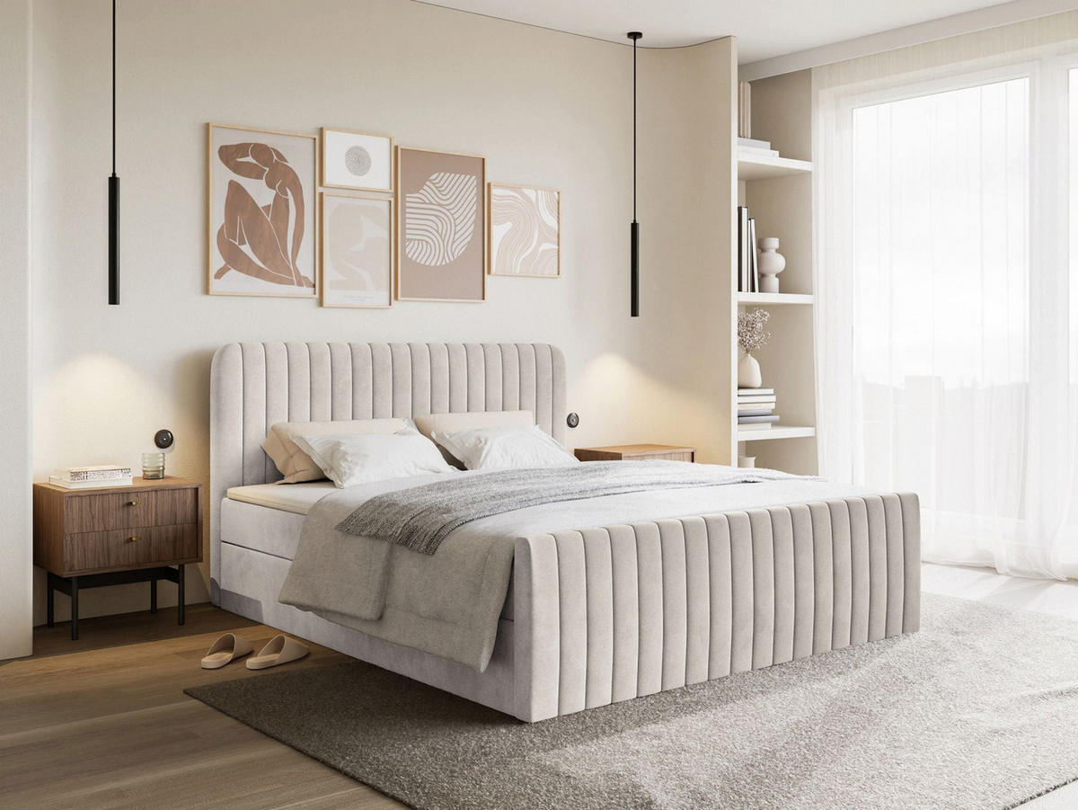 BOXBETT Saliano mit Topper und Samtbezug Beige, 200x200 cm - Beige, Kunststoff/Textil (200/200cm) - Selsey