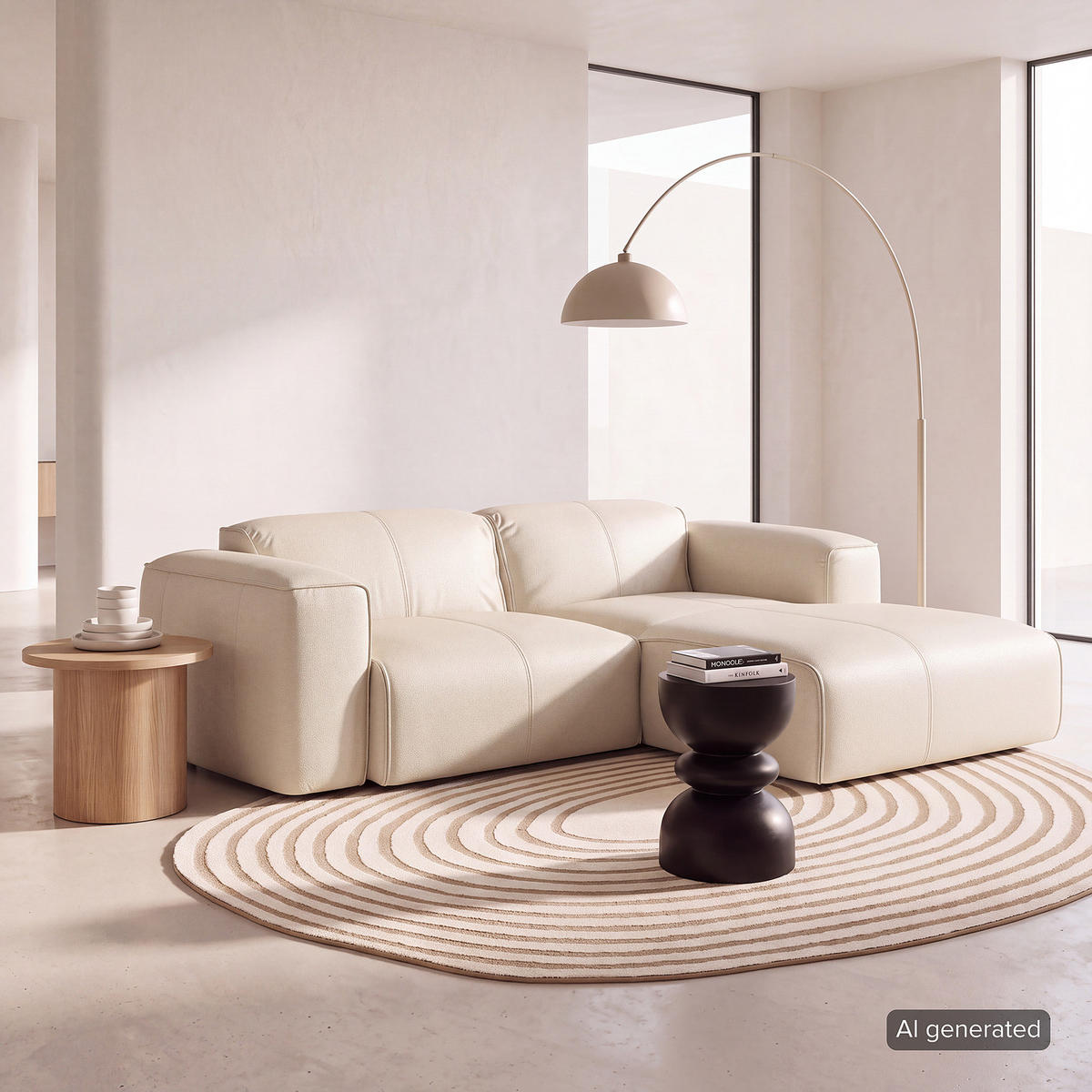 ECKSOFA mit XL-Longchair - Hellgrau/Schwarz, Leder/Kunststoff (260/171cm) - home24
