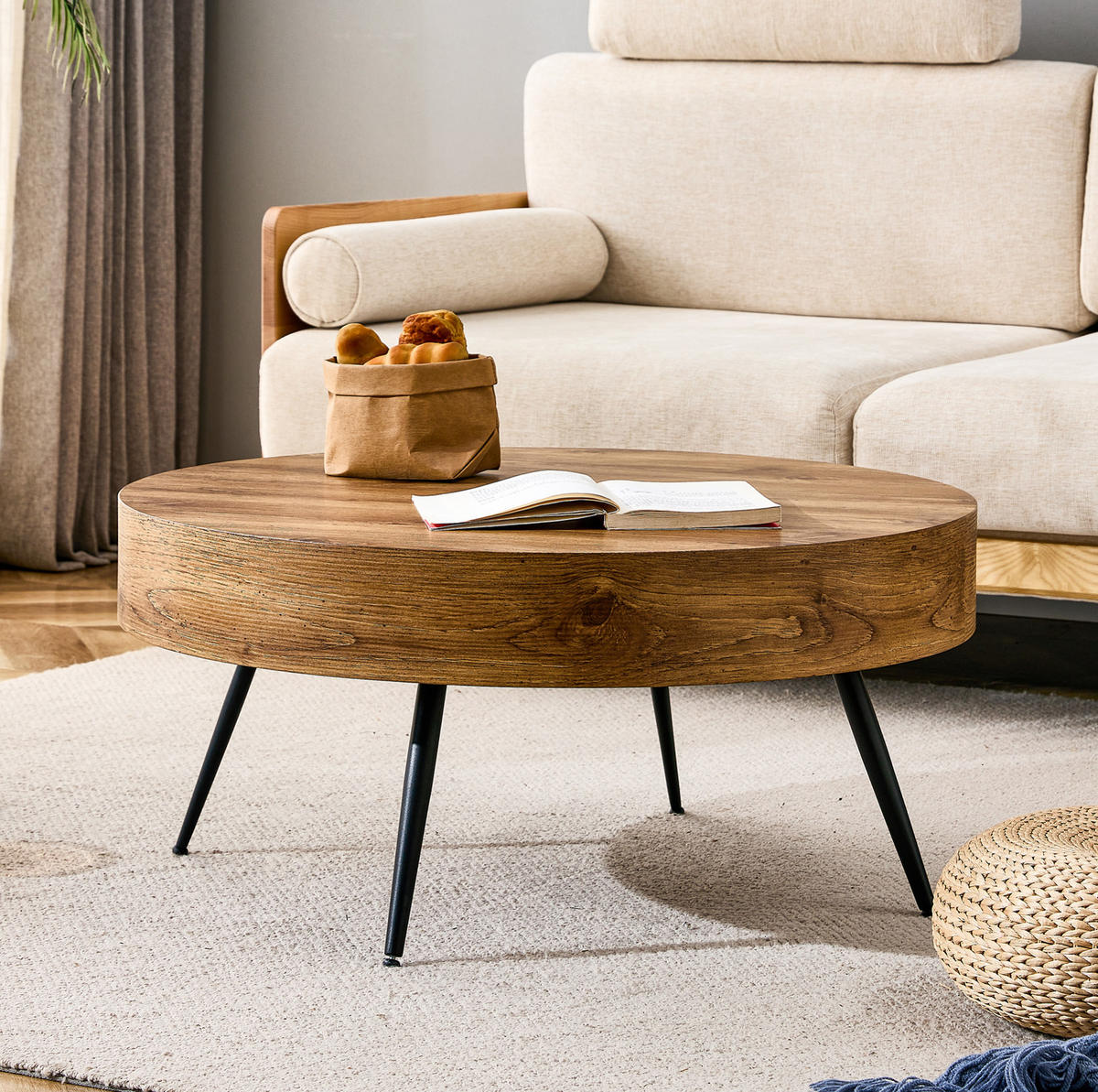 COUCHTISCH 70 cm in Holzoptik mit Metallbeinen, Höhe 35,5 cm - Schwarz, Holzwerkstoff (70/70/35.5cm) - BEAOK