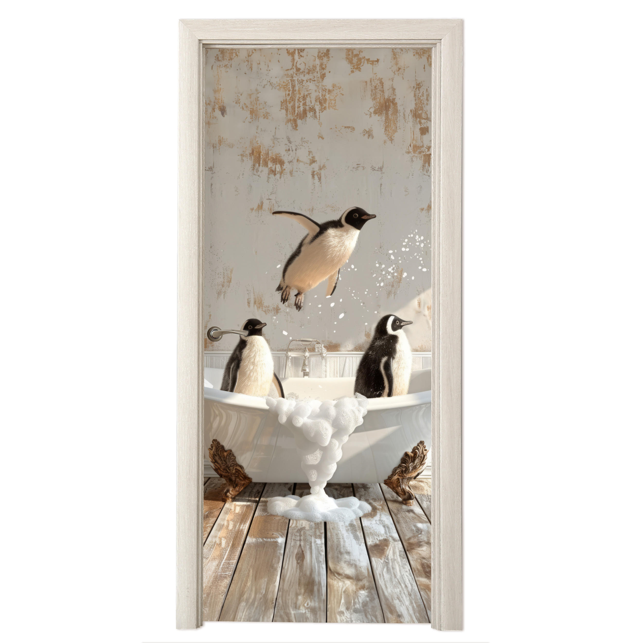 FOTOTAPETE Tür - Vintage - Pinguin - Badewanne - Schaumstoff 95x215 cm - Hellbraun, Kunststoff (95/0.1cm) - MuchoWow