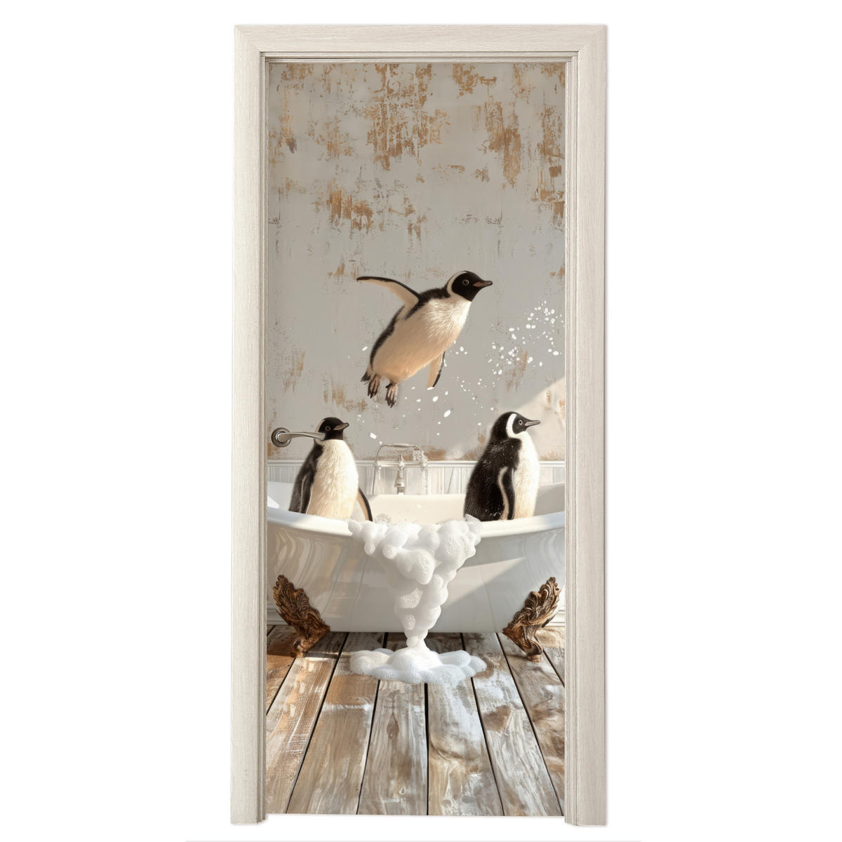 FOTOTAPETE Tür - Vintage - Pinguin - Badewanne - Schaumstoff 95x215 cm - Hellbraun, Kunststoff (95/0.1cm) - MuchoWow