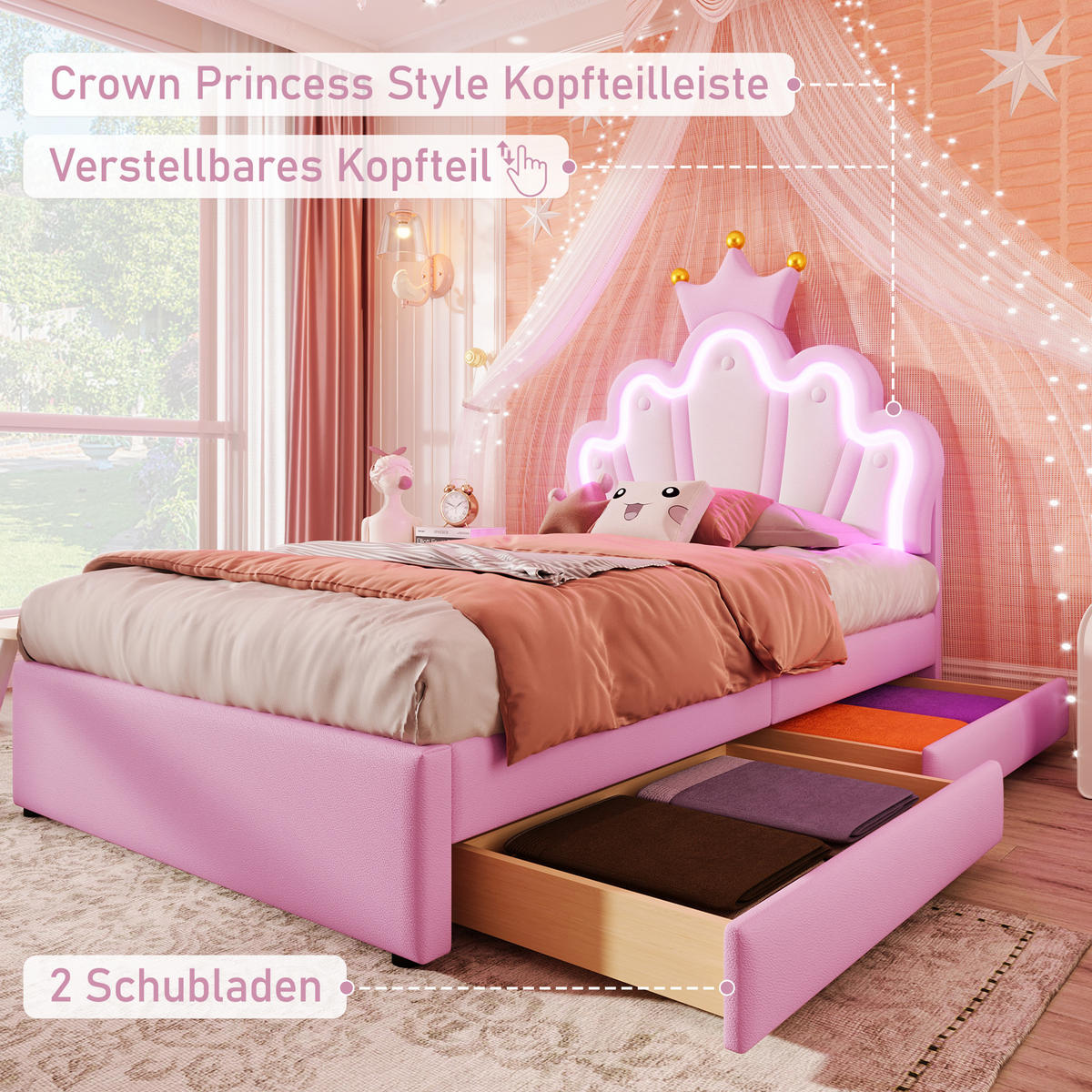 POLSTERBETT 90x200cm Rosa PU Fernbedienung Kronenform 2 Schubladen - Pink, Holz (90/200cm) - FLIEKS