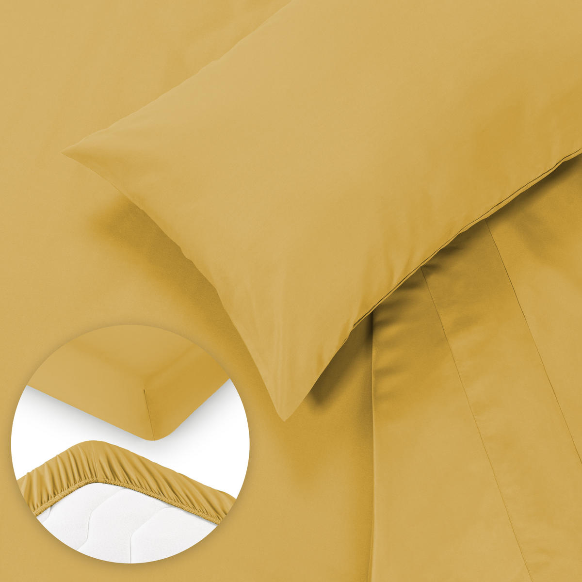 BETTLAKEN 3er Set - Spannbettlaken 180x200x30cm 2X Kissenbezug 50x80cm - Spicy Mustard - Gelb - Gelb, Textil (180/200cm)