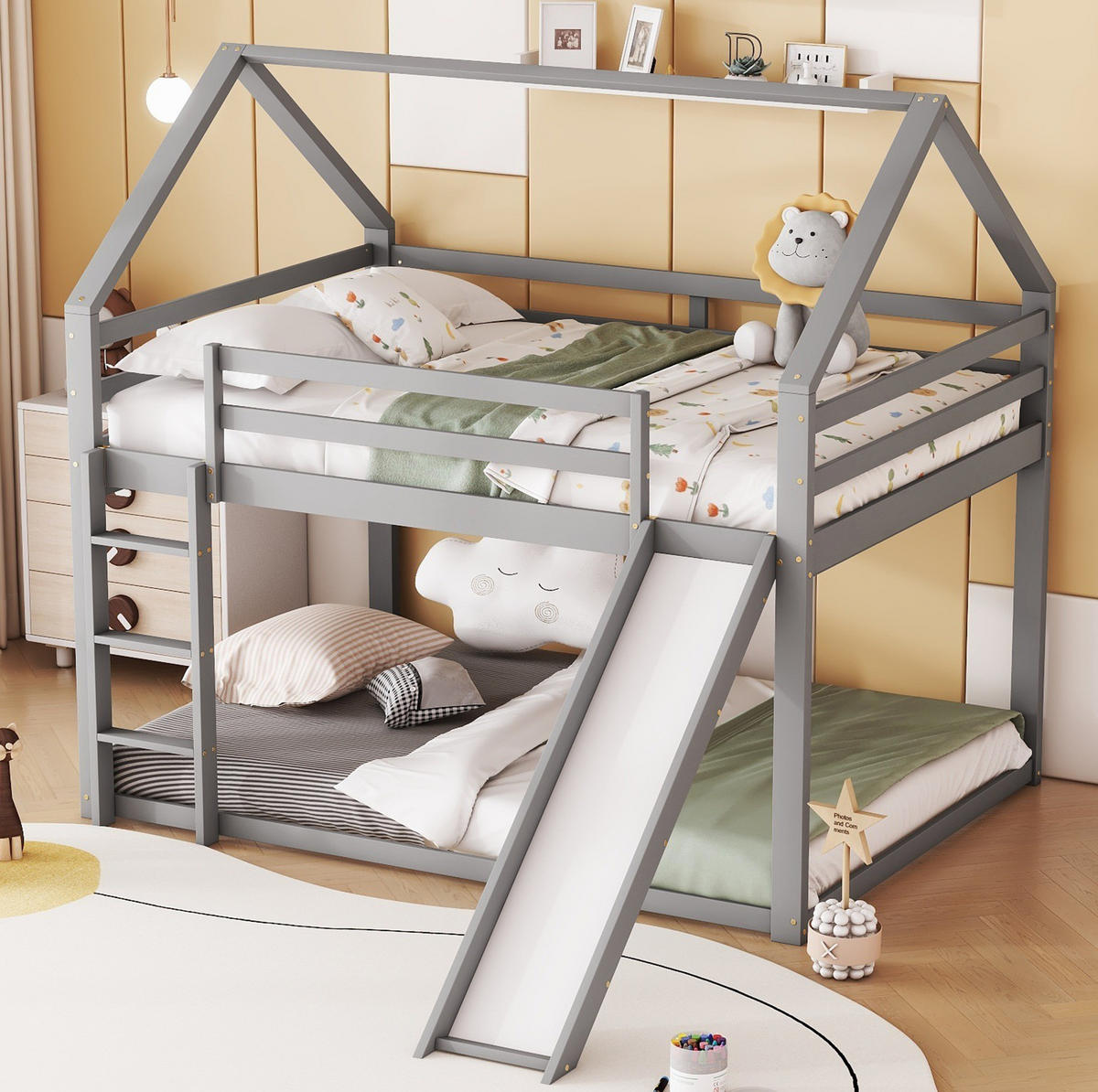 ETAGENBETT mit Rutsche und Leiter 140x200 cm Kiefernholz Grau - Grau, Holzwerkstoff (140/200cm) - Beauniv