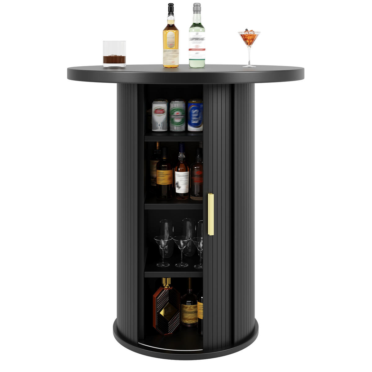 BARTISCH Sideboard mit Schiebetür, 4 Innenetagen, Lamellenstruktur, Metallgriffen, MDF/Korpus, moderne Bar-Optik - Schwarz, Holzwerkstoff/Metall (60/60/91.6cm) - EVRYAE