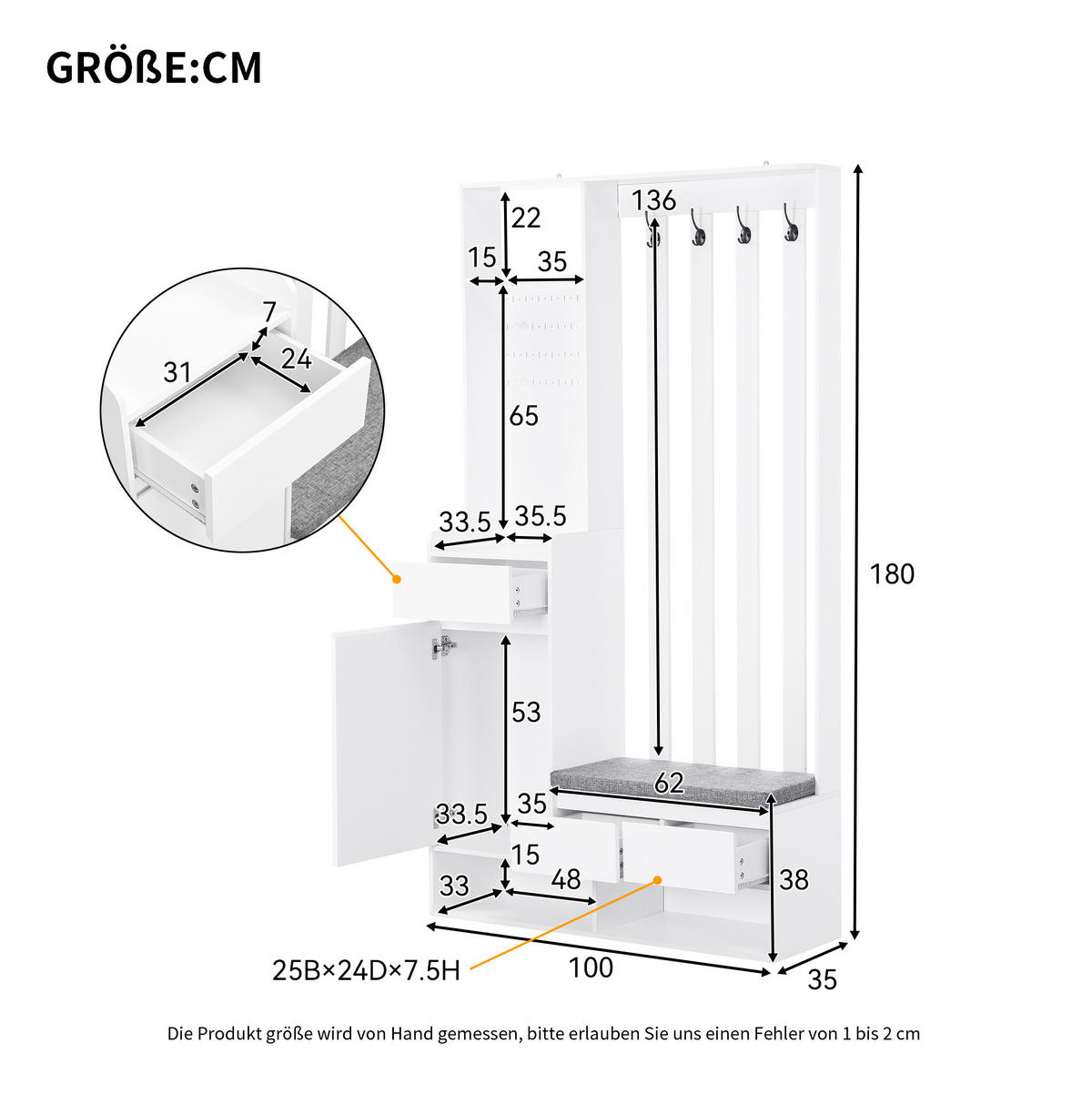 SCHUHSCHRANK aus MDF 180x100x35cm in Weiß mit Sitzbank & Stecktafel - Weiß, Holzwerkstoff (100/180/35cm) - Modfu