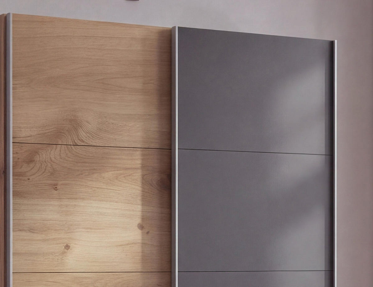 SCHWEBETÜRENSCHRANK 2-türig B135/H198/T65 cm, Kleiderschrank in Eiche Dekor, 1x Tür & sichtbare Schubkästen in Grafit / 22664 - Eichefarben/Alufarben, Holz/Holzwerkstoff (135/198/65cm) - luma-home