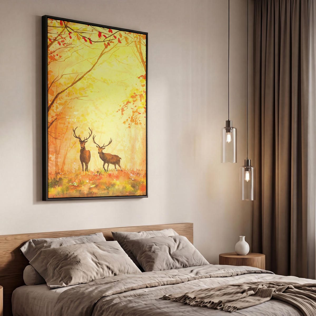LEINWAND Bilder mit Rahmen - Natur - Ölfarbe - Hirsche - Tiere - Herbst - Orange - 60x90 - Orange, Textil (60/90cm) - MuchoWow