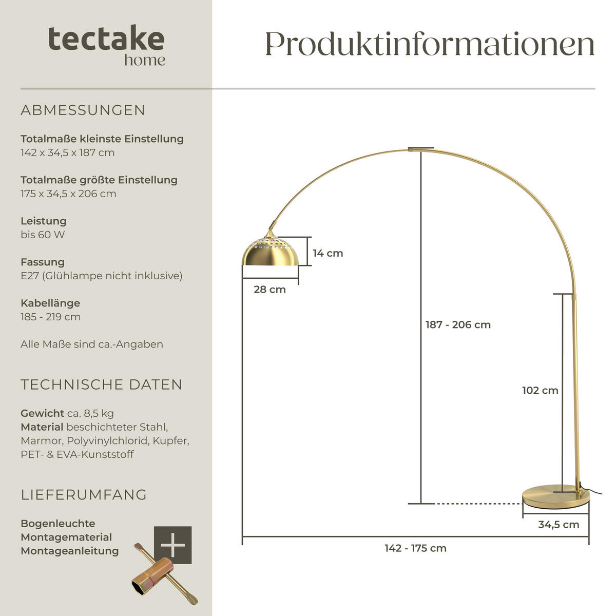 BOGENLEUCHTE Arcus,höhenverstellbar 187 - 206 cm,gold - Goldfarben, Metall (175/34.5/206cm) - tectake