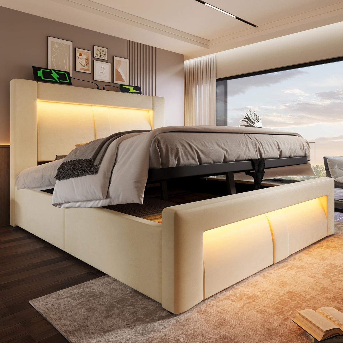 POLSTERBETT 90/200 cm mit Bettkasten, LED, USB- und Type-C-Anschluss, Samt, inklusive Matratze, Beige - Beige, Textil (90/200cm) - Redom