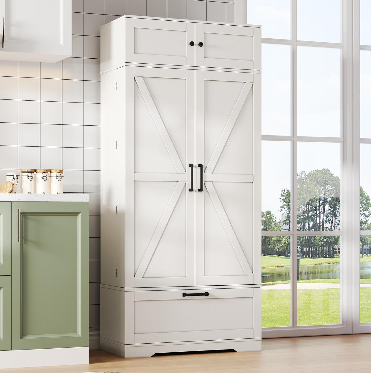 BUFFET 80/40/180 cm in Weiß mit Weinregal, Schublade und Türen - Weiß, Holzwerkstoff (80/180/40cm) - Flora Grace