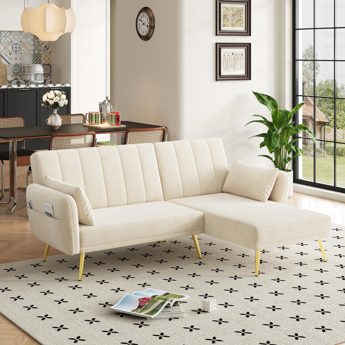 SOFA L-Form Klappsofa Schlaffunktion Zusatzecke Modern Gästezimmer Heimkino - Beige, Holz (110.49/70.99cm) - FLIEKS