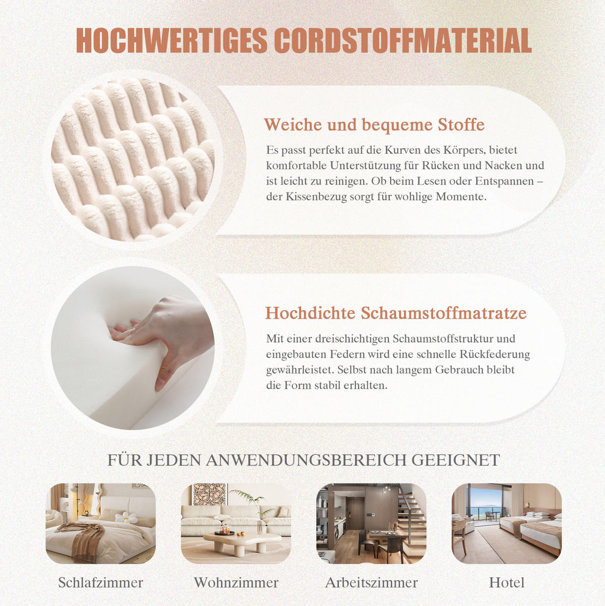 3-STIZER Sofa 263/167/85 cm mit Hocker, Seitentaschen und Federkern, Cord Beige - Beige, Textil (263/85/167cm) - Redom