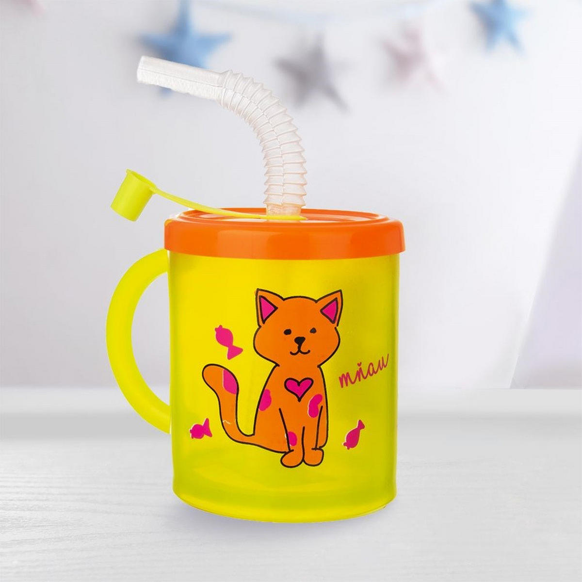 KINDERBECHER KATZE MIT STROHHALM, Kunststoff, gelb, 260 ml - Gelb, Kunststoff (0.26L) - Orion 