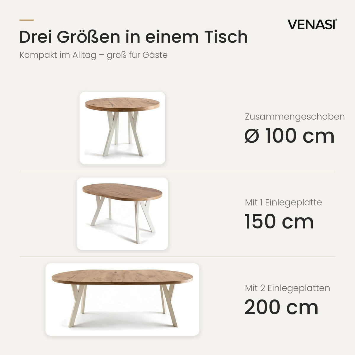 ESSTISCH ausziehbar rund ATO, 100-200 cm, Dekor Lancelot, weiße Holzbeine - Weiß/Braun, Holzwerkstoff/Buchenholz (100/100/77cm) - VENASI MÖBEL
