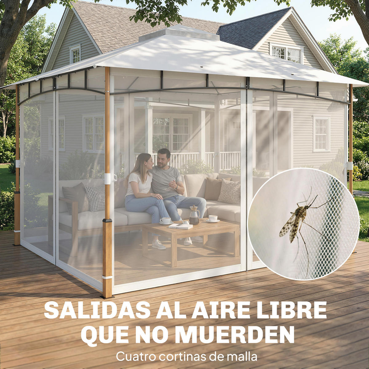 GARTENPAVILLON, Sonnenschutznetz, Teakholz creme - Creme, Textil (69/32/243cm) - Vallsero