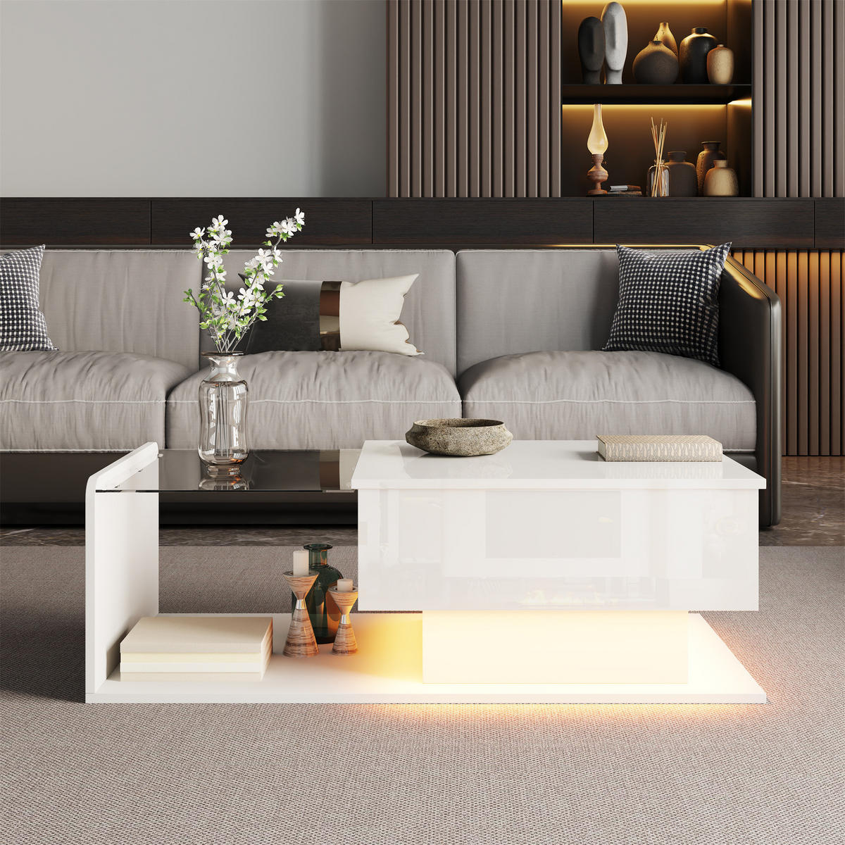 COUCHTISCH 100/50/33/47,5 cm Weiß aus Holzwerkstoff mit höhenverstellbarer Glasplatte und LED-Lichtleiste - Weiß, Holzwerkstoff (100/50/33cm) - OKWISH