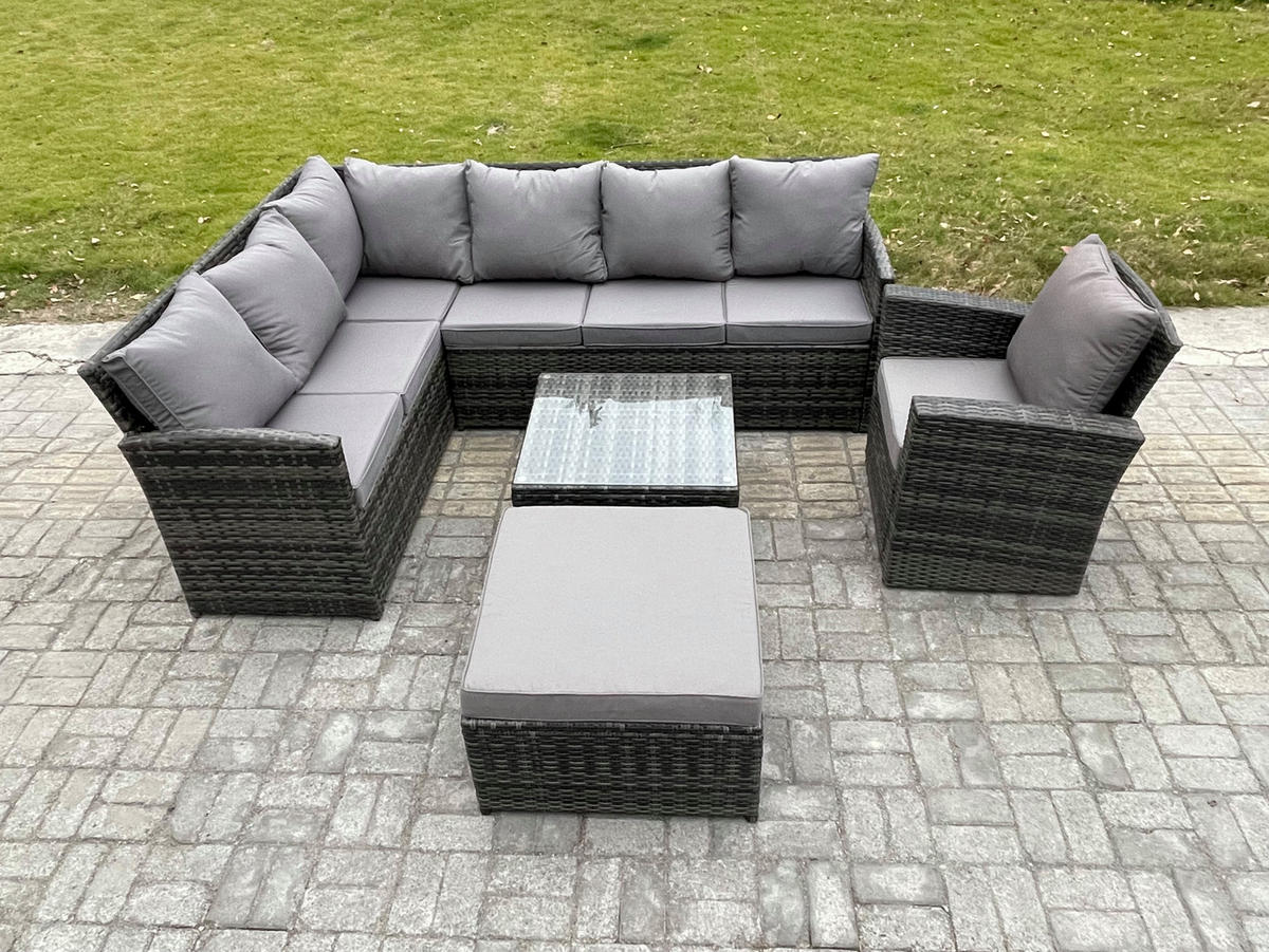 GARTENGARNITUR mit Ecksof,Couchtisch,Fußhocker Polyrattan Dunkelgrau 8-Sitzer - Dunkelgrau/Grau, Glas/Kunststoff - Fimous