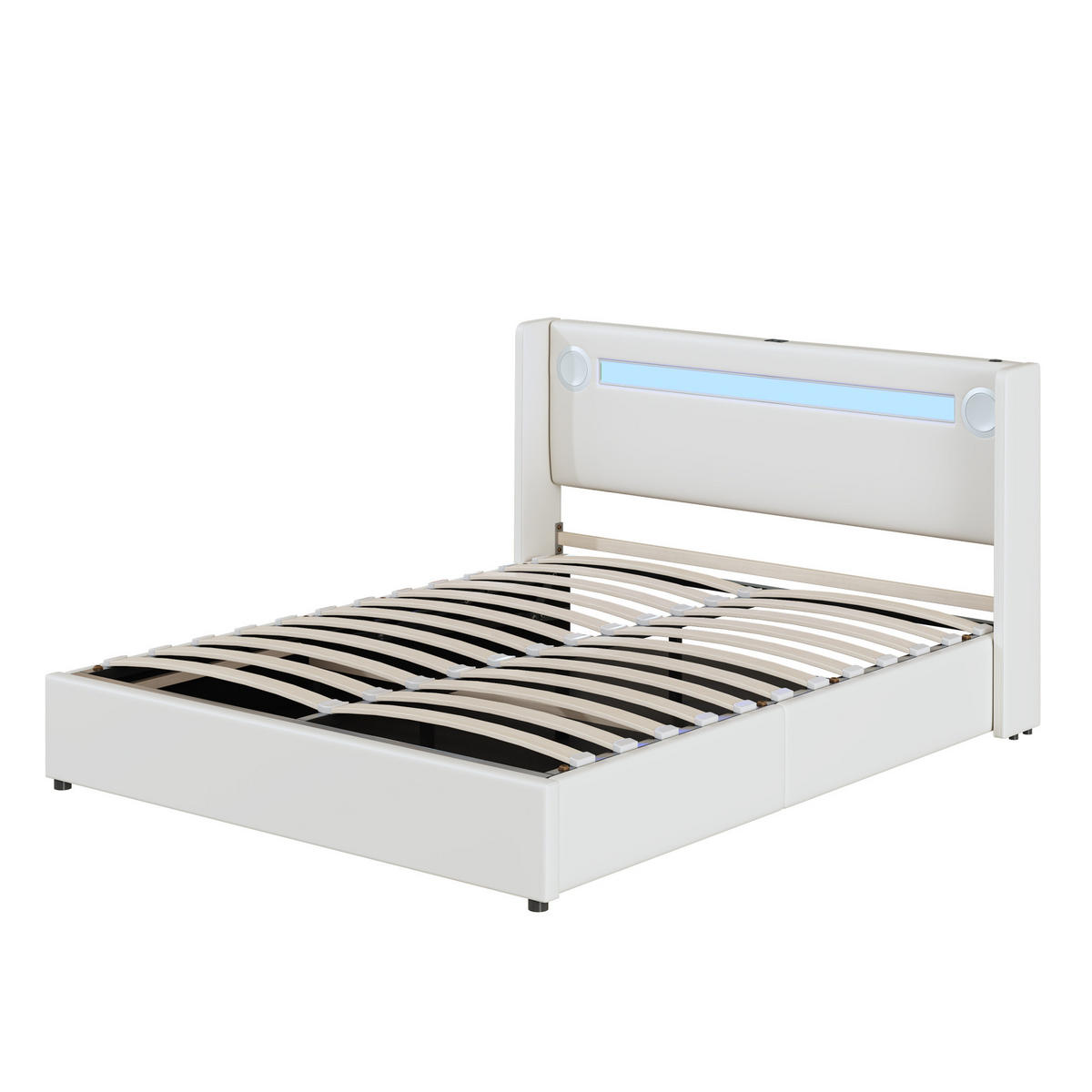 ČALÚNENÁ posteľ 160/200 cm biela s LED osvetlením Bluetooth reproduktorom USB nabíjaním a úložným priestorom z PU kože - biela, plast (160/200cm) - OKWISH