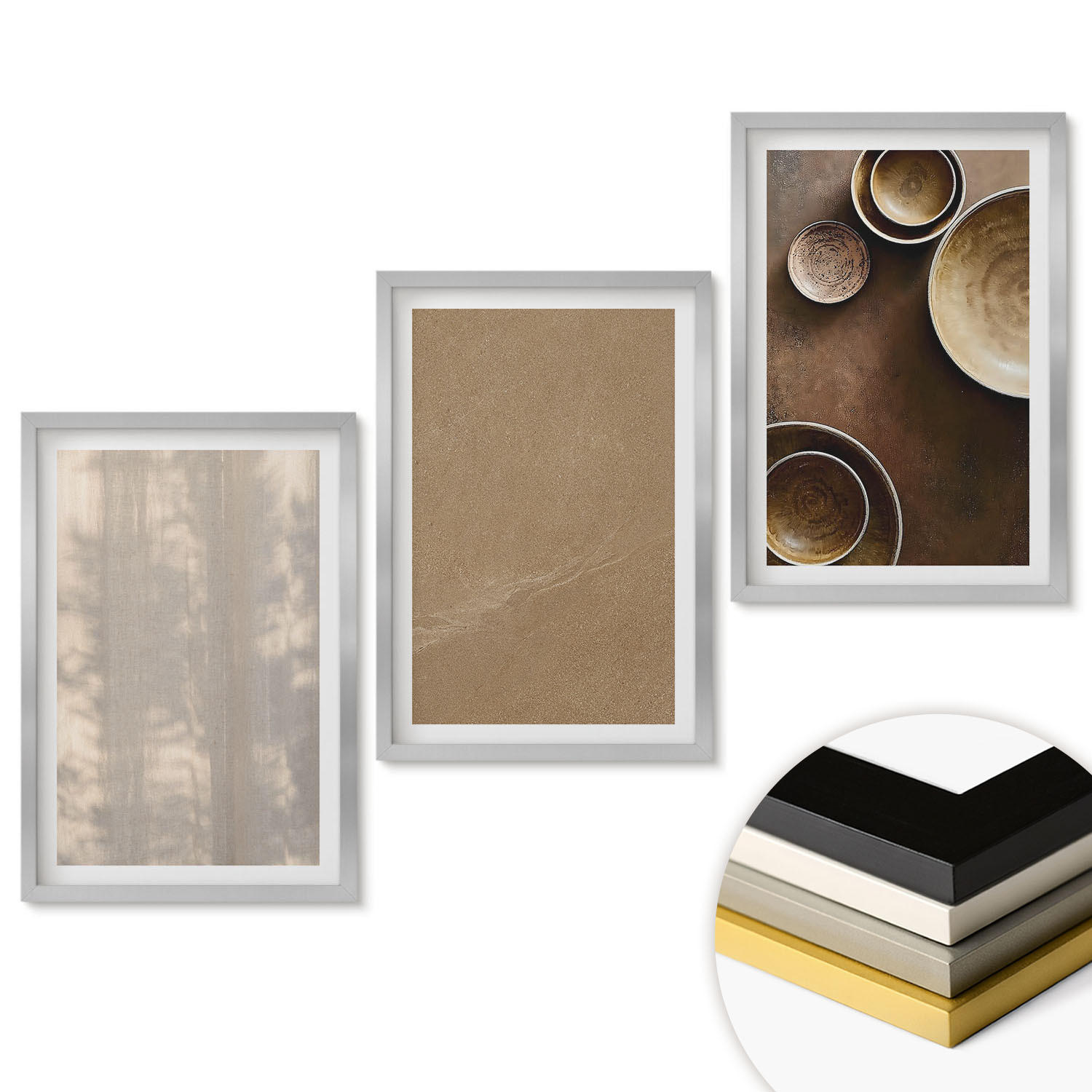 WANDBILDER 3er Set - 40x60 cm Silberner Rahmen - Minimalistische Texturstrukturen - Silberfarben, Kunststoff (40/60cm) - ArtPrintCave