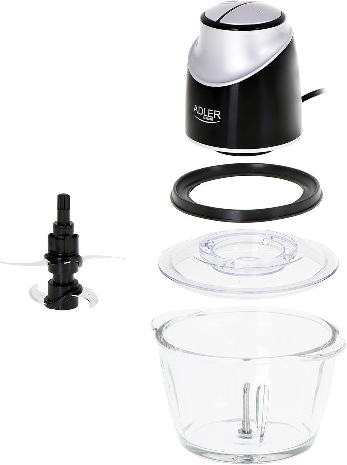 GLAS Zerkleinerer AD4082 1,2L – Elektrischer Küchenzerkleinerer mit 4 Edelstahlklingen, Einhandbedienung, Für Gemüse, Fleisch, Nüsse & Zwiebeln - Transparent/Schwarz, Kunststoff (18/24/18cm) - Adler
