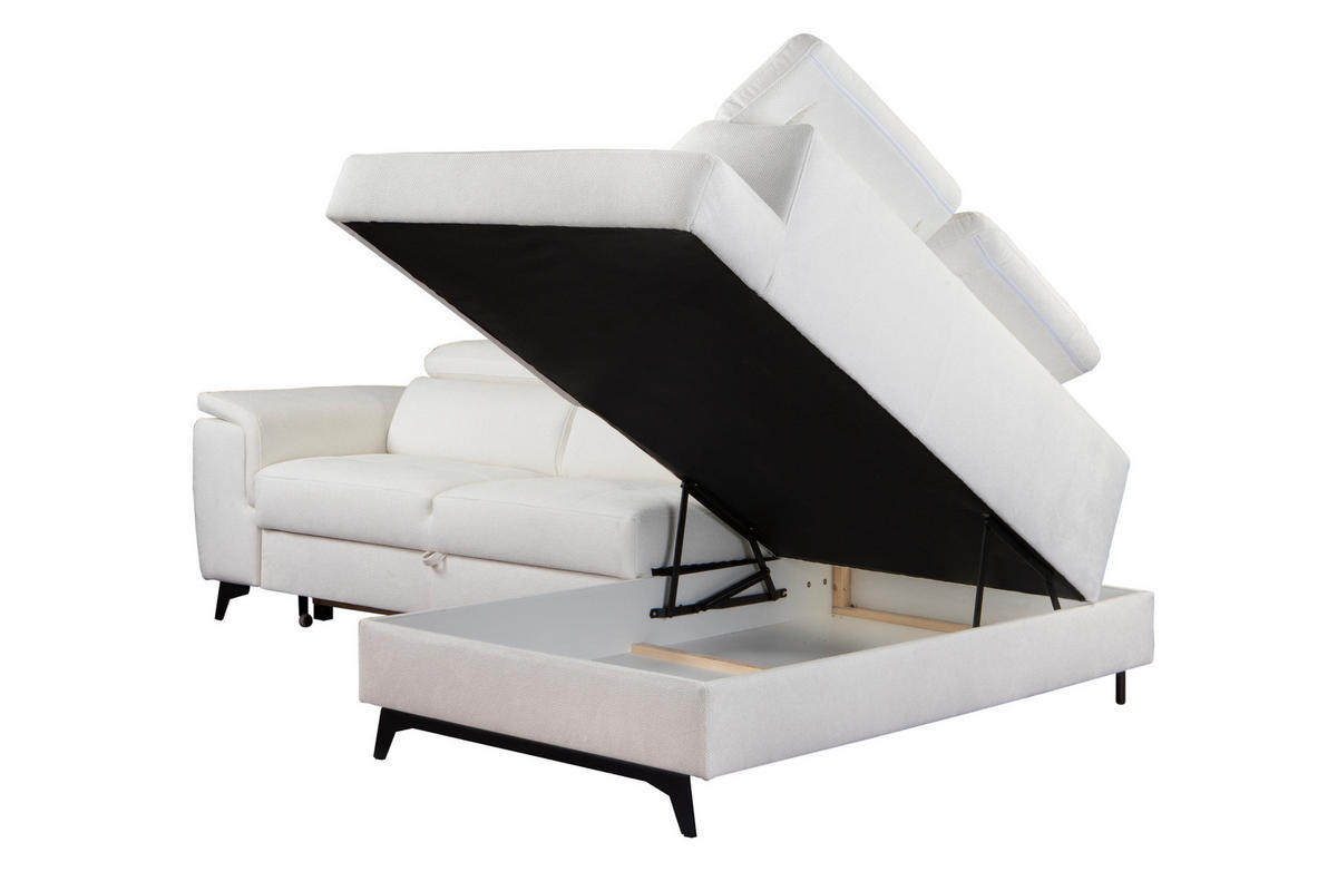 ECKSOFA VOLA Weiß Velours-Stoff mit Schlaffunktion - Weiß, Holz (270/199cm) - MASSENO