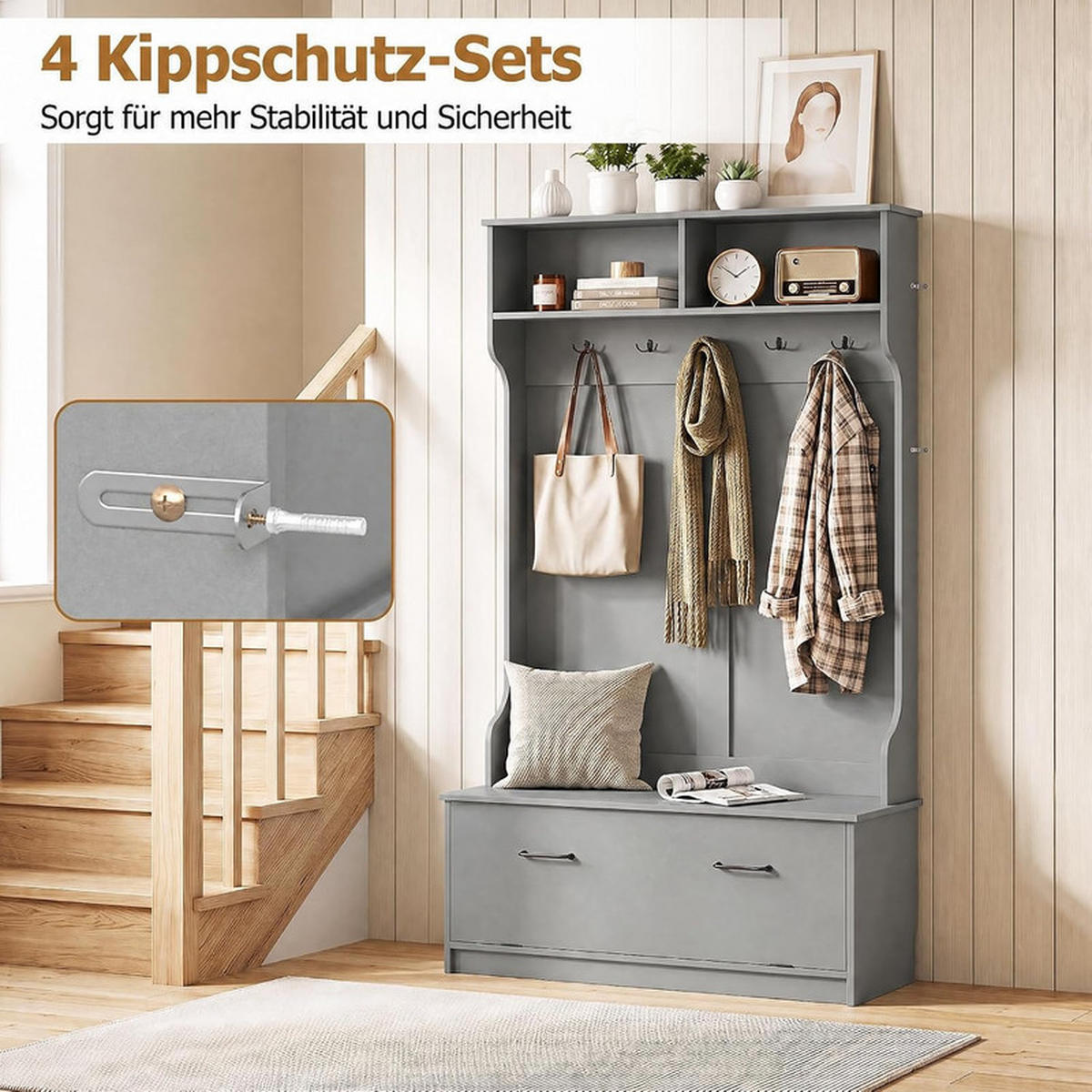 GARDEROBENSTÄNDER mit Schuhschrank grau - Grau, Holzwerkstoff (100/180/71cm) - COSTWAY