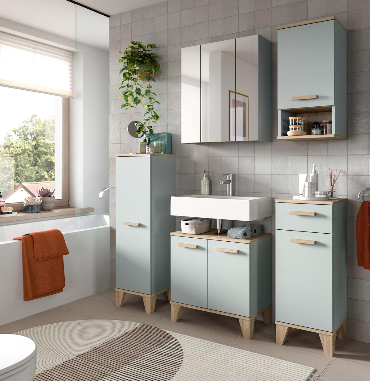 WASCHBECKENUNTERSCHRANK grün, Eiche, Badezimmer Unterschrank skandinavisch 60 cm - Eichefarben/Grün, Holzwerkstoff (60/61/34cm) - Inn.Furn