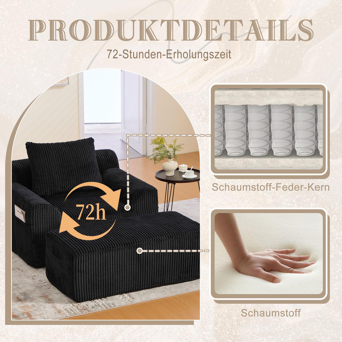 SESSEL mit Hocker in Cord Übergroßer Relaxsessel - Schwarz, Textil (147/67/110cm) - Urban Meuble