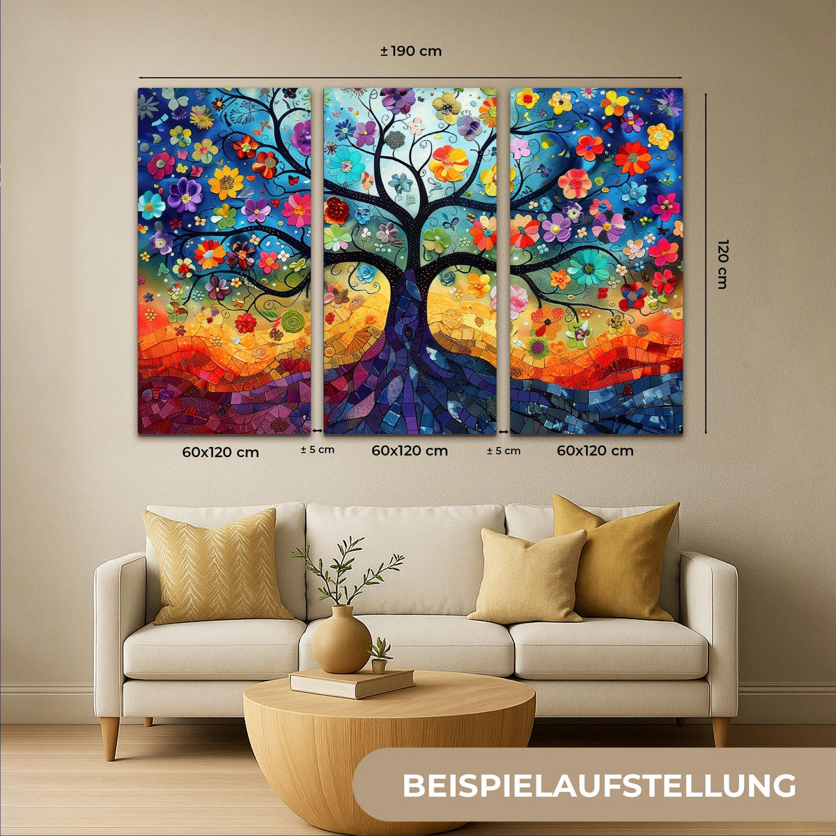 OBRAZ NA PLÁTNĚ 3dílná sada Barevné - Strom života - Květiny - Abstraktní 180x120 cm - modrá, textil (180/120cm) - MuchoWow