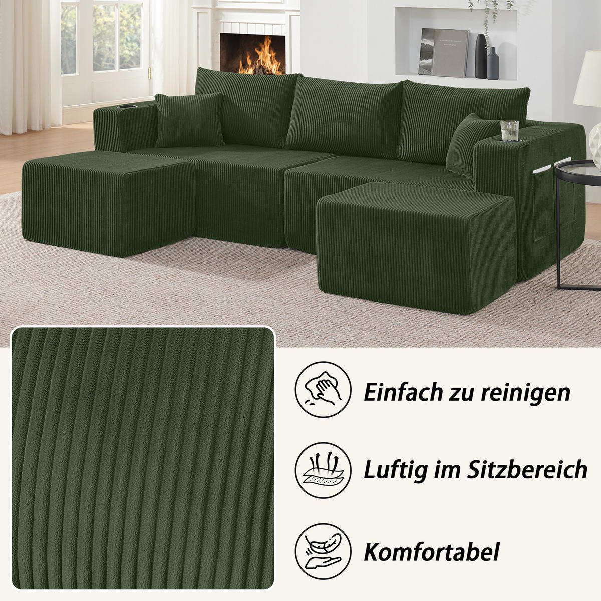 WOHNLANDSCHAFT mit 2 Ottomanen, Getränkehaltern und Seitentasche aus Cord - Grün, Textil (230/75/138cm) - EVRYAE