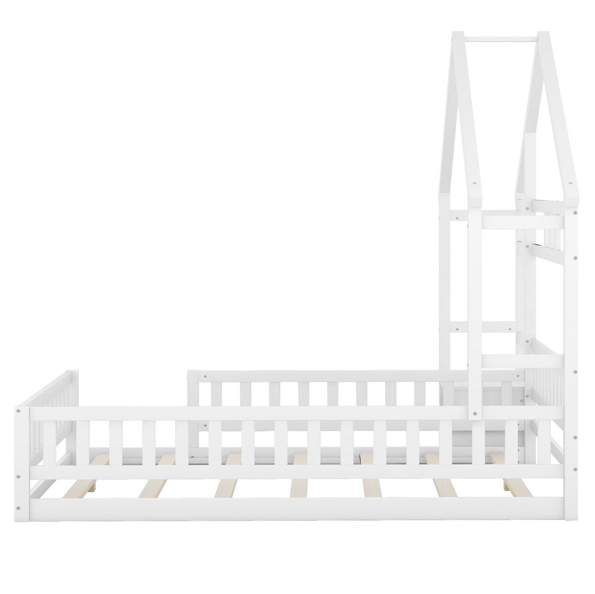 HAUSBETT aus Kiefer und MDF 140x200 cm Weiß mit Hausdesign, Seitengeländer und Nachttisch - Weiß, Holzwerkstoff (140/200cm) - Modfu