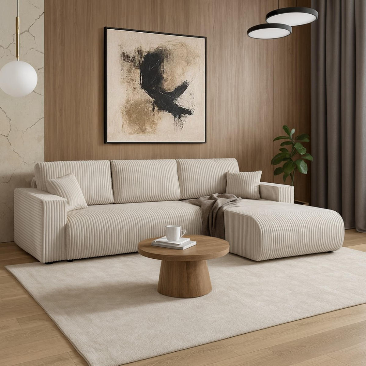 ECKSCHLAFSOFA Porto mit universelle Ottomane, Beige - Beige/Schwarz, Textil (288/190cm) - Beautysofa