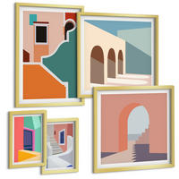 BILDER SET 5er Set - 50x50 cm & 20x30 cm & 40x60 cm Goldrahmen - Farbenfrohe moderne Gebäude - Goldfarben, Kunststoff (40/60cm) - TULUP