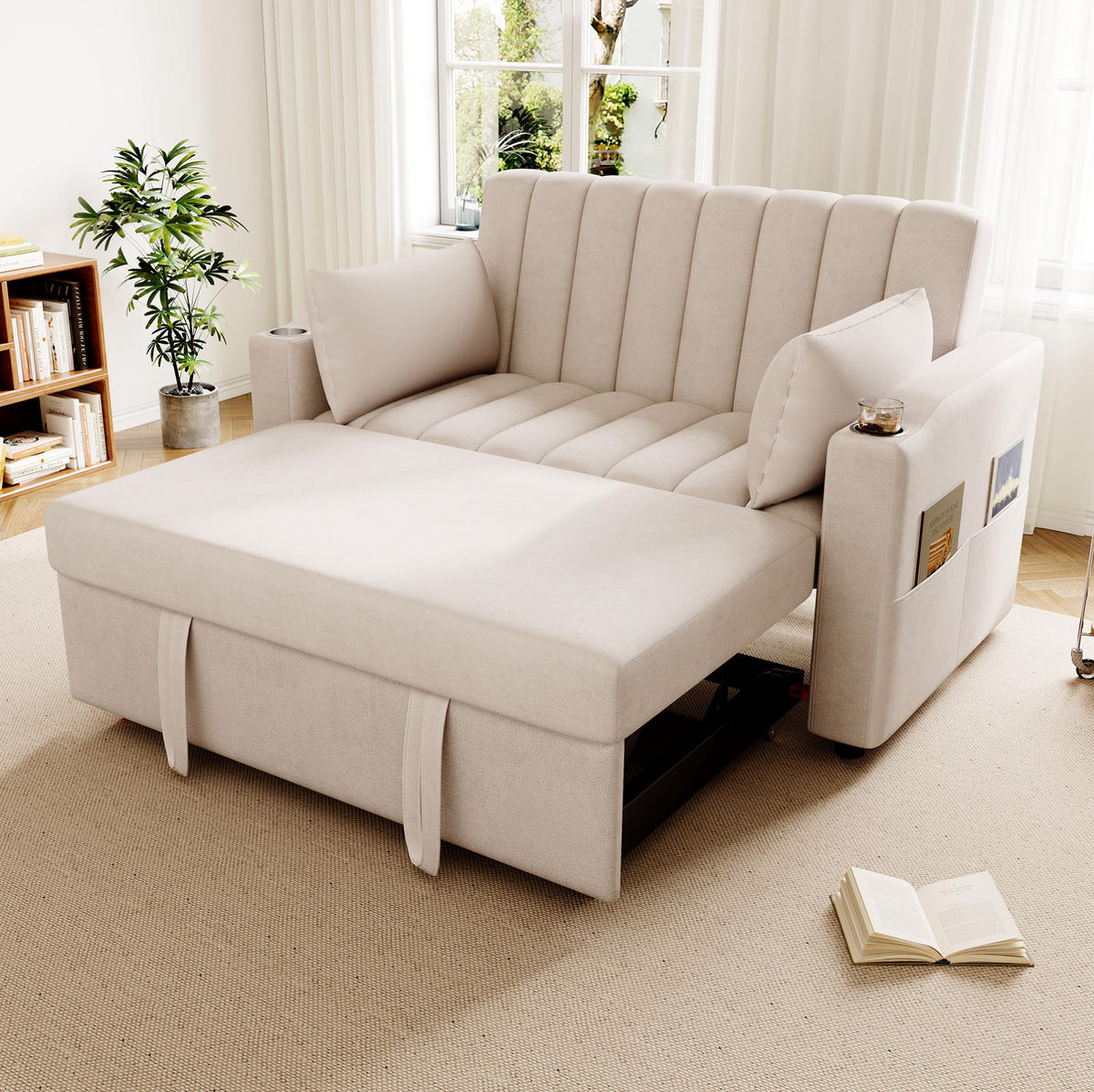 SCHLAFSOFA Baumwollstoff mit 3-fach verstellbarer Rückenlehne Beige 136/162/84 cm - Beige, Textil (84/136/162cm) - Redom