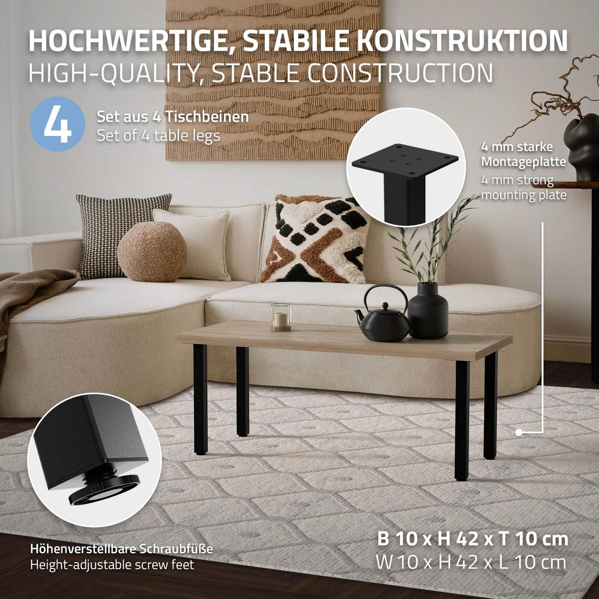 TISCHBEINE 4er Set I-Design H:42 cm Schwarz 4x4 cm - Schwarz, Metall (4/42/4cm) - ML-DESIGN
