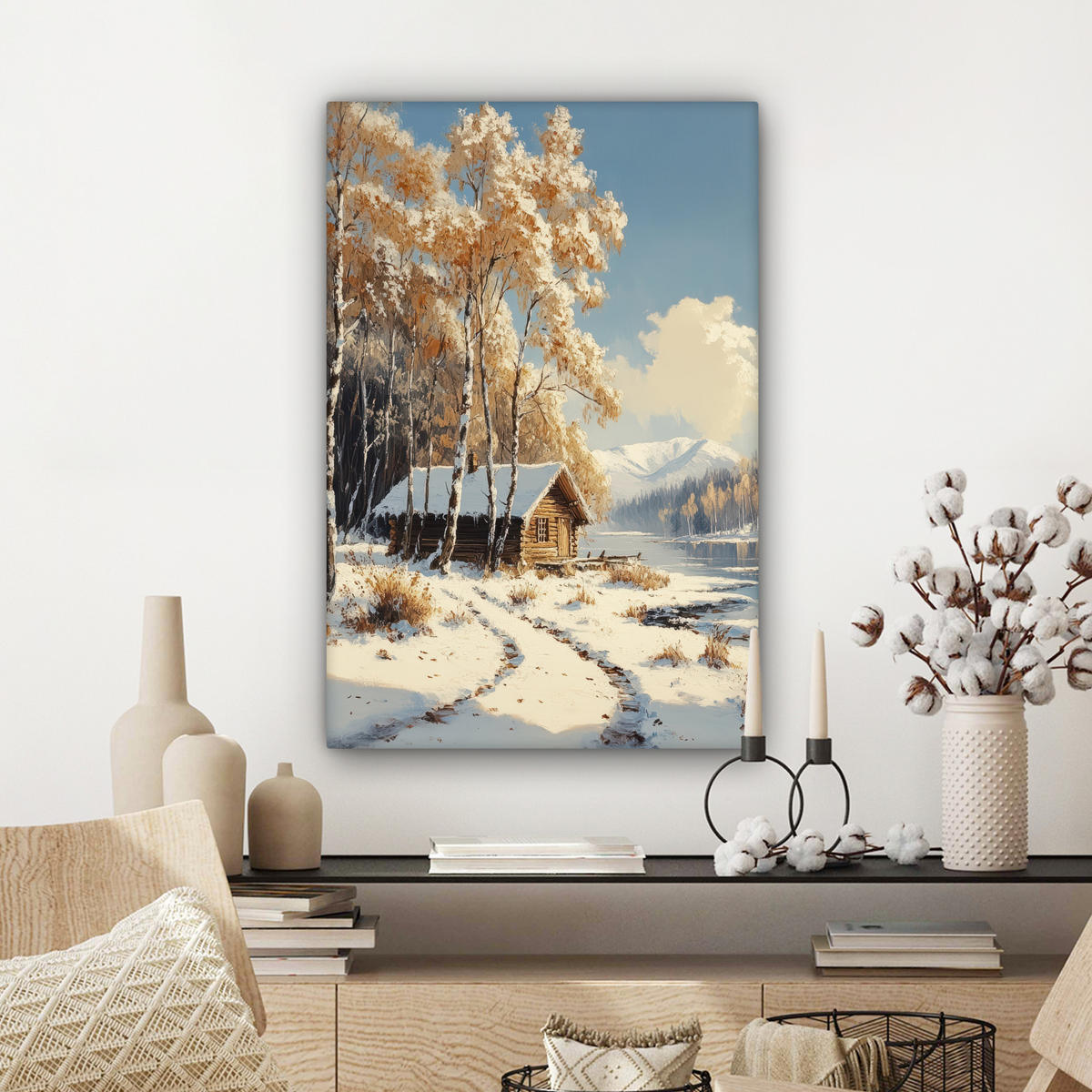 LEINWANDBILD Winter - Schnee - Zuhause - Natur 40x60 cm - Hellbraun, Textil (40/60cm) - MuchoWow