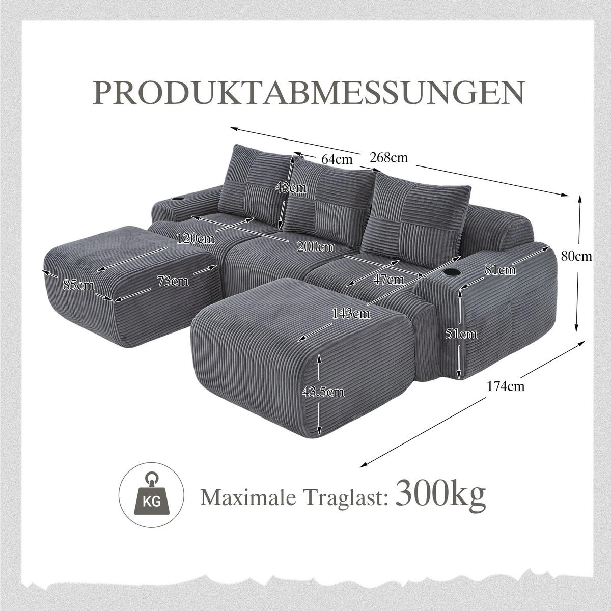 3-SITZER Wohnlandschaft Cord mit Getränkehalter und Seitentasche 268/174/80 cm Dunkelgrau - Dunkelgrau, Textil (174/80/268cm) - Redom