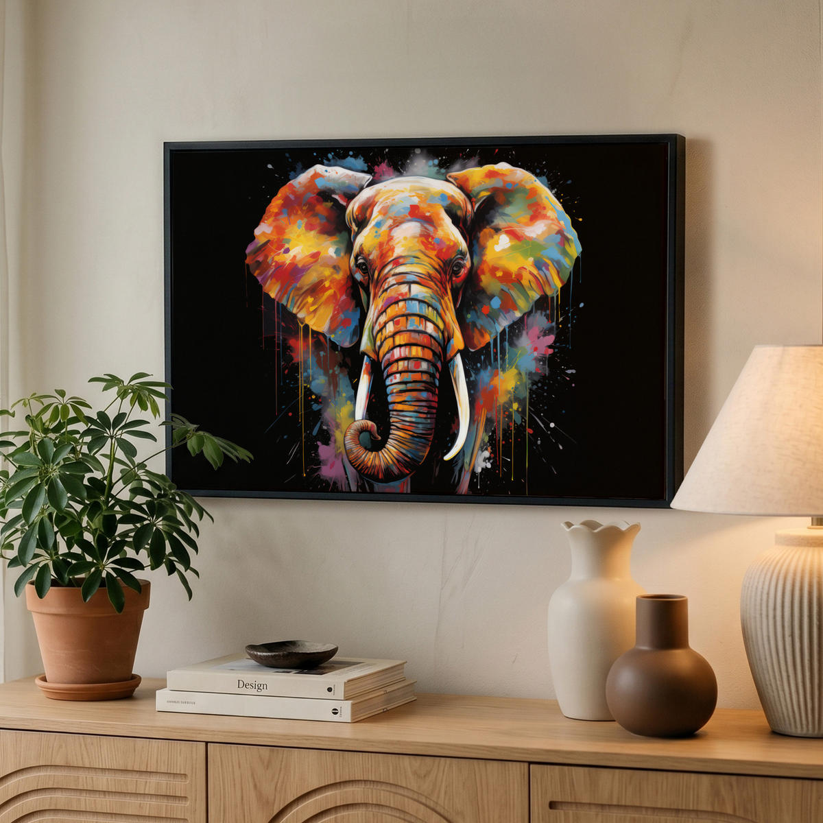 LEINWAND Bilder mit Rahmen - Elefant - Graffiti - Schwarz - Tiere - Farben - 60x40 - Schwarz, Textil (60/40cm) - MuchoWow