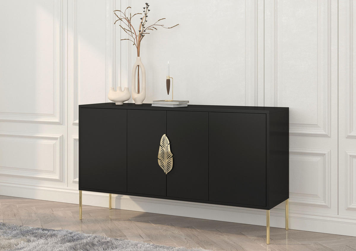 SIDEBOARD Merlin, Schwarz, Goldene Details - Goldfarben/Schwarz, Holzwerkstoff/Metall (138/79/40cm) - Skandica